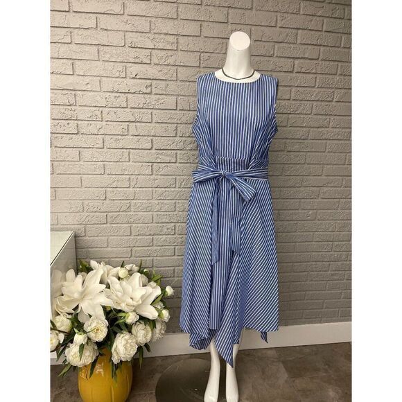 Tahari Arthur S Levine Women Sleeveless Striped Asymmetrical Dress Size 12 - Picture 1 of 9
